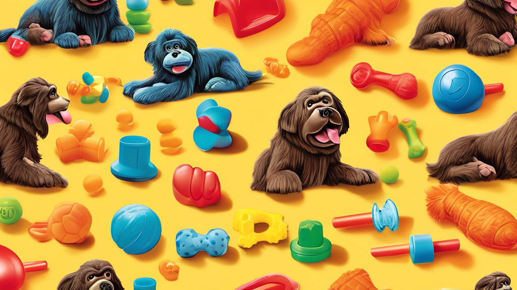 A detailed illustration of a variety of colorful Chewy Kong toys for dogs, displayed in an organized and attractive manner. Each toy is shown in different shapes and sizes, with a cheerful dog playing