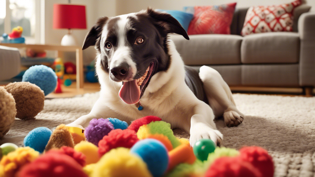 Create an image showcasing a happy dog playing with a variety of colorful Kong dog toys in a cozy living room setting. Place emphasis on the dog's enthusiasm and joy, with some toys visible as chew to