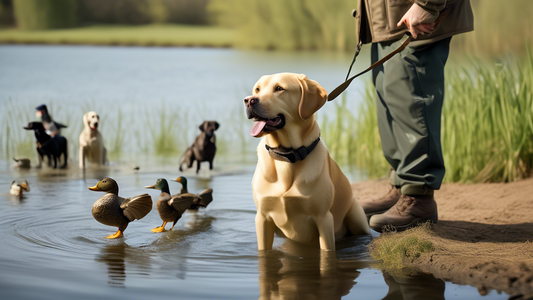 Create an image of a lively scene featuring a professional dog trainer and a sporting dog, such as a Labrador Retriever, practicing in a scenic outdoor setting with a pond. The trainer is equipped wit