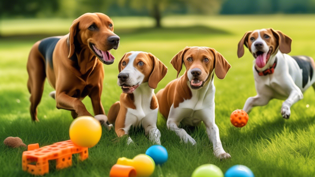 A vivid and dynamic image of a group of active hunting dogs playing with a variety of top-rated hunting dog toys in a spacious outdoor setting. The scene includes various breeds like Labradors, Beagle