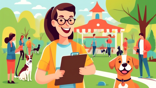 Create an image of a happy dog with a leash, standing next to a professional dog trainer in a scenic park. The trainer is holding a clipboard, and there's a sign in the background that says Best Dog T