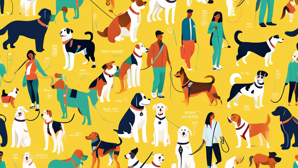 Illustration of a diverse range of dog breeds wearing different types of harnesses, each annotated with features such as comfort, durability, and adjustability. The background shows a bright, open par