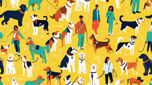 Illustration of a diverse range of dog breeds wearing different types of harnesses, each annotated with features such as comfort, durability, and adjustability. The background shows a bright, open par