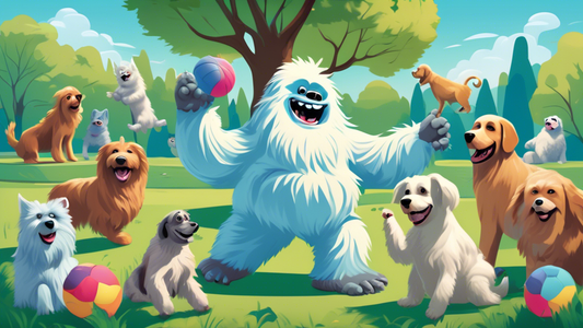 Create an image of a playful scene featuring a large, friendly yeti holding a durable and colorful dog toy in the shape of a yeti. The yeti is surrounded by happy dogs of various breeds playing and in