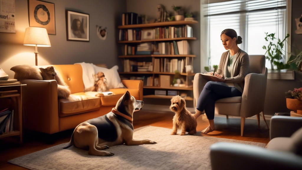 A detailed and heartwarming scene of a dog psychologist in a cozy, home-like office, engaging in a consultation with a concerned dog owner. The room is filled with calming elements such as soft lighti