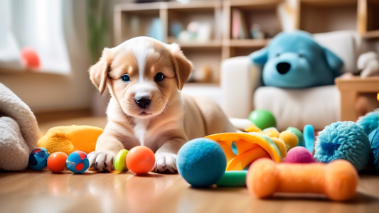 Create a vibrant and heartwarming scene of an 8-week-old puppy surrounded by various age-appropriate toys. The image should include soft chew toys, plush squeaky animals, colorful rubber balls, and a 
