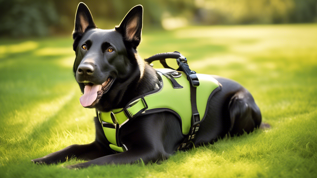 Create an image of a joyful large dog, such as a Labrador Retriever or a German Shepherd, wearing a comfortable and well-fitted harness. The harness should have adjustable straps and padding to ensure
