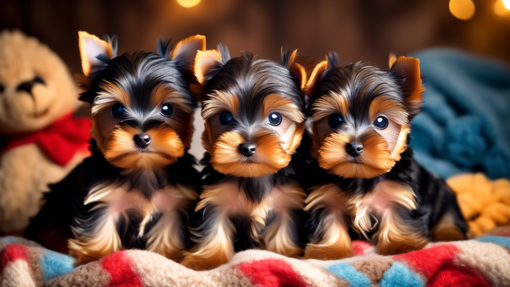 Create a heartwarming image of a few adorable toy Yorkie puppies in a cozy, playful environment. The tiny puppies have silky, shiny coats and vibrant bows in various colors. They are surrounded by sof
