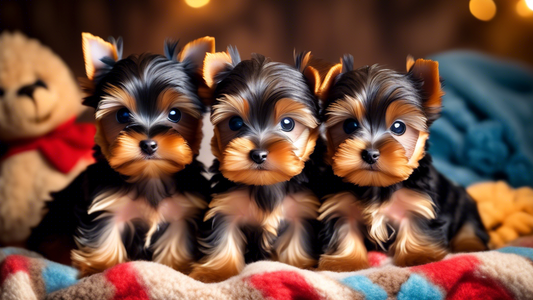 Create a heartwarming image of a few adorable toy Yorkie puppies in a cozy, playful environment. The tiny puppies have silky, shiny coats and vibrant bows in various colors. They are surrounded by sof