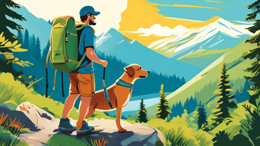 Create an image of an adventurous hiker wearing the Kurgo G-Train backpack, with a happy dog peeking out from the specially designed pet compartment. The duo is traversing a scenic mountain trail surr