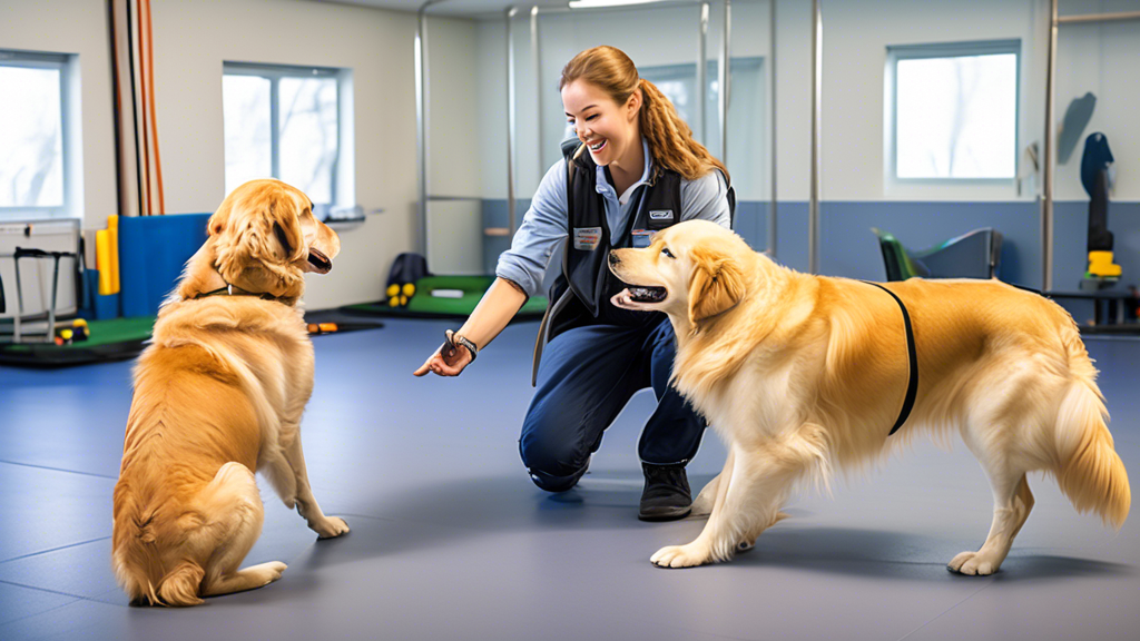 A heartwarming scene of a professional dog trainer working with a young golden retriever, using positive reinforcement techniques. The setting is a sunny, well-equipped training facility with agility 
