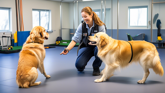 A heartwarming scene of a professional dog trainer working with a young golden retriever, using positive reinforcement techniques. The setting is a sunny, well-equipped training facility with agility 