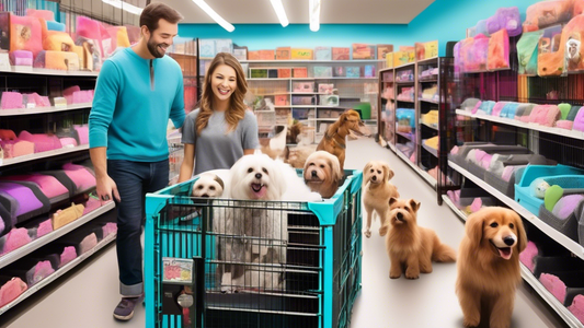 A vibrant and welcoming pet store aisle lined with various dog crates of different sizes and styles. Each crate is meticulously arranged, showcasing features like soft bedding, durable materials, and 