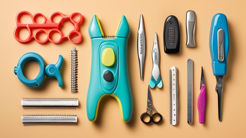 Create a highly detailed and vibrant image of a variety of dog nail trimmers arranged neatly on a table. Include different types such as guillotine, scissors, and grinder styles, each labelled with th