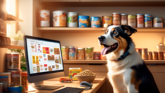 A detailed scene of a cozy kitchen with sunlight streaming through a window, a happy dog sitting next to a computer with various screens showing different brands of dog food. The dog is looking at the