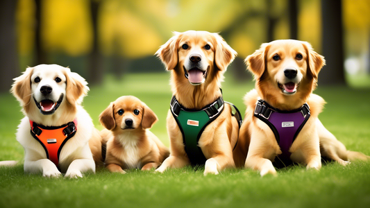 Create an image of a variety of dog breeds (Golden Retriever, Beagle, Chihuahua, and German Shepherd) each wearing different types of escape-proof harnesses. The dogs are shown in a vibrant outdoor se