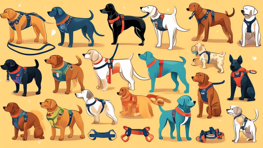 Create an image of a variety of tough dog harnesses displayed on a table, each designed for different breeds and sizes of dogs. Show a happy dog owner carefully choosing the right harness for their me