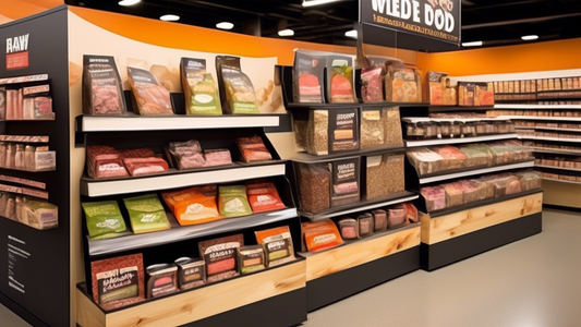 Create an image portraying a neatly organized and visually appealing wholesale market section dedicated to raw dog food. Display a variety of raw dog food options such as fresh meats, bones, vegetable