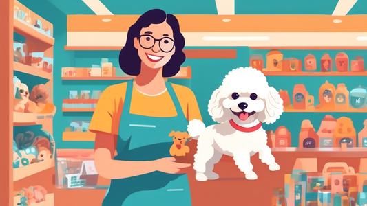 Create an illustration of a person happily purchasing a cute, fluffy toy poodle puppy from a reputable breeder. The scene should include a welcoming pet store environment with colorful signage, well-m