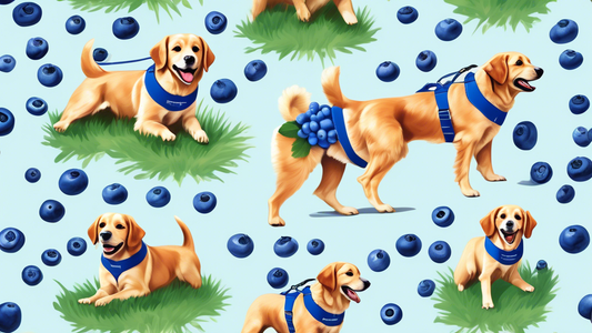 Create a realistic image of a happy dog wearing a stylish blue-colored blueberry-themed harness. The dog should be an energetic breed, such as a Golden Retriever or a Beagle, and posed in a natural ou