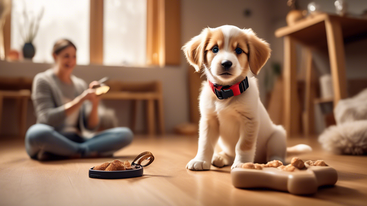 Create an image of a playful and adorable puppy in a warm, cozy setting with a puppy owner patiently training their pet. The scene includes a cheerful puppy with a collar, sitting attentively, while t