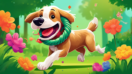 Create an image of a happy dog playing with a colorful, durable Kong rope toy in a lush green backyard. The dog should be energetic and visibly excited, chewing and pulling on the toy while surrounded