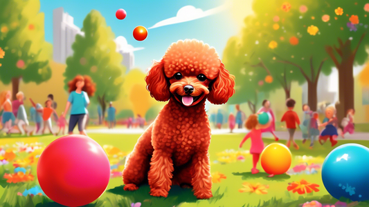 An adorable red toy poodle playing with a colorful ball in a sunny, flower-filled park, with children playing in the background.