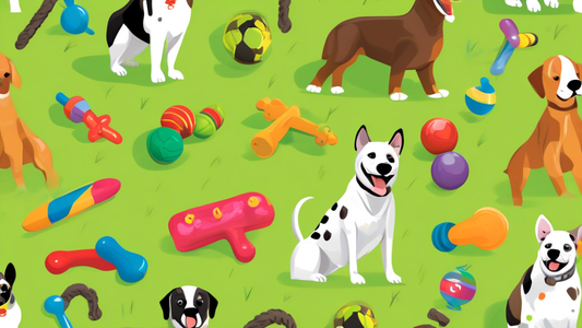 Illustration of a variety of durable dog toys designed for powerful chewers, featuring joyful, strong-looking dogs of various breeds rigorously playing with the toys. The toys should be showcased in v
