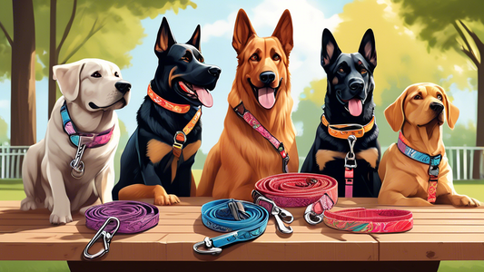 A stunning, detailed illustration of a variety of strong, stylish and durable leashes designed for large dogs, displayed on a picnic table in a sunny park. Each leash showcases different features such