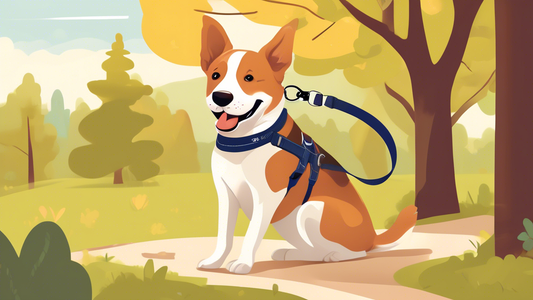 Create an illustration showing a happy dog wearing a no-pull harness during a walk in a scenic park. The dog should appear comfortable and relaxed, while the owner confidently holds the leash with a s