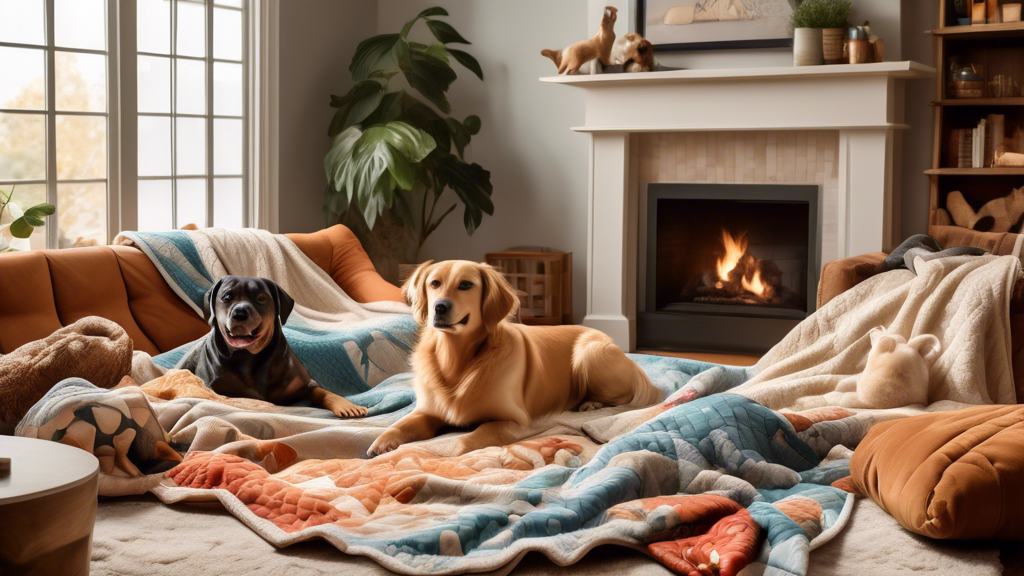 A cozy living room scene featuring a variety of dog blankets in different colors and materials. Various dog breeds, such as a Golden Retriever, a Dachshund, and a French Bulldog, are lounging on or ne