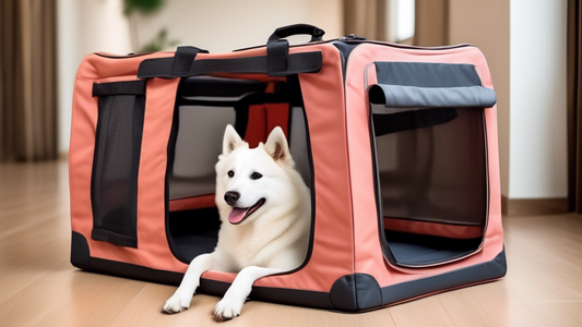 Create an image of a cozy, soft travel dog crate with mesh windows and a comfortable interior, set in different scenarios: inside a car, in an airport lounge, and at a campsite. The crate should be sh