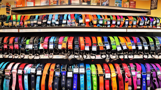 A vibrant image showcasing various types of step-in dog harnesses on a display board in a pet store. Different harnesses are displayed in an array of colors and sizes, with labels pointing out key fea
