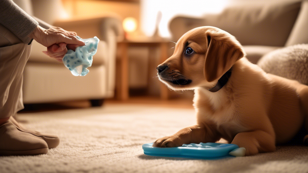 A cozy home living room scene with a playful puppy learning to use a pee pad, guided by a patient owner holding a training treat. The warm lighting highlights the puppy's eager expression, a bowl of w