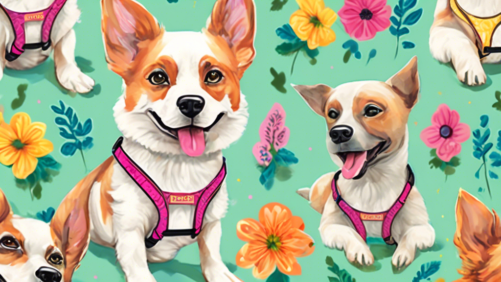 A fashionable yet secure dog harness adorned with unique patterns and vibrant colors, perfectly fitting a happy dog. The harness features personalized touches such as the dog's name and reflective saf