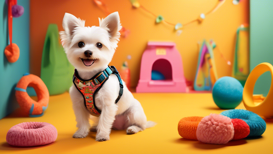 Create an image of a cheerful small dog wearing a comfortable and stylish harness in a vibrant, pet-friendly environment. The dog should appear content and active, with various harness options display