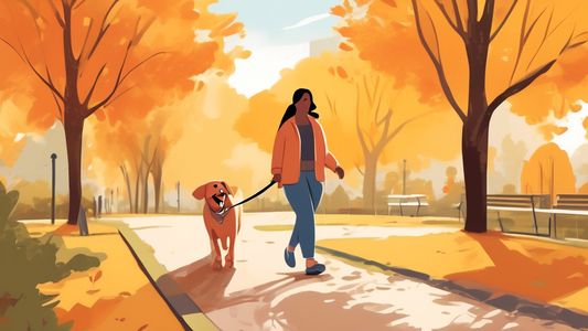 Create a detailed illustration of a happy large dog being walked by its owner in a scenic park. The dog is attached to a sturdy, retractable flexi leash that extends comfortably, giving it ample space