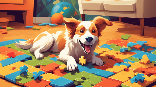 Create an image of a happy, energetic dog enthusiastically playing with an interactive puzzle toy. The background should be a cozy living room with dog-friendly decor, including a fluffy rug, dog bed,