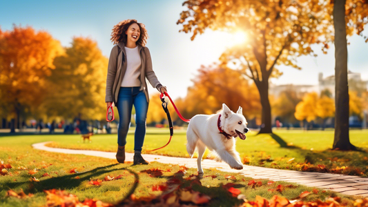 Create an image of a happy dog owner walking their dog using a Kong Dog Leash in a vibrant park. The leash should be clearly visible, showing its sturdy and durable design. Highlight the dog looking j