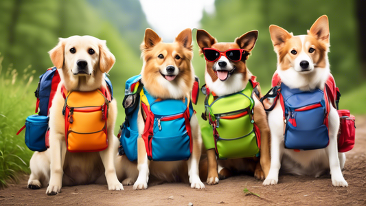 Create an image of adorable dogs wearing vibrant, well-organized backpacks designed for their size. The scene should include a variety of essential dog supplies like collapsible water bowls, leashes, 