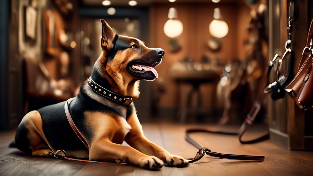 Create an image of a happy dog wearing a stylish leather collar and leash. The background should feature a cozy, well-lit pet boutique filled with various leather leashes and collars on display. The s