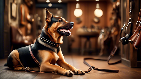 Create an image of a happy dog wearing a stylish leather collar and leash. The background should feature a cozy, well-lit pet boutique filled with various leather leashes and collars on display. The s