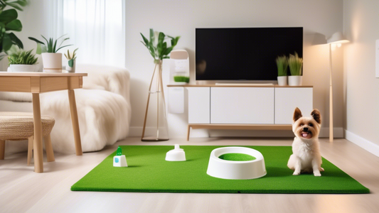 A brightly lit, modern apartment interior featuring various stylish and innovative indoor dog toilet solutions, such as artificial grass patches, pee pad holders, and self-cleaning dog litter boxes. I