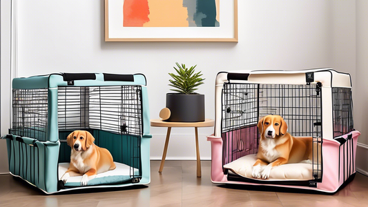 Create an image of a variety of stylish, comfortable, and washable dog crate beds in different sizes and colors. Show them placed in cozy and clean dog crates in a tidy and modern living room setting.