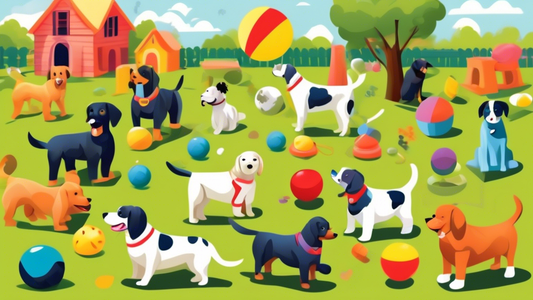 An array of various mentally stimulating dog toys laid out on a soft, grassy backyard setting, with different breeds of dogs actively engaging with puzzle toys, treat-dispensing balls, and interactive