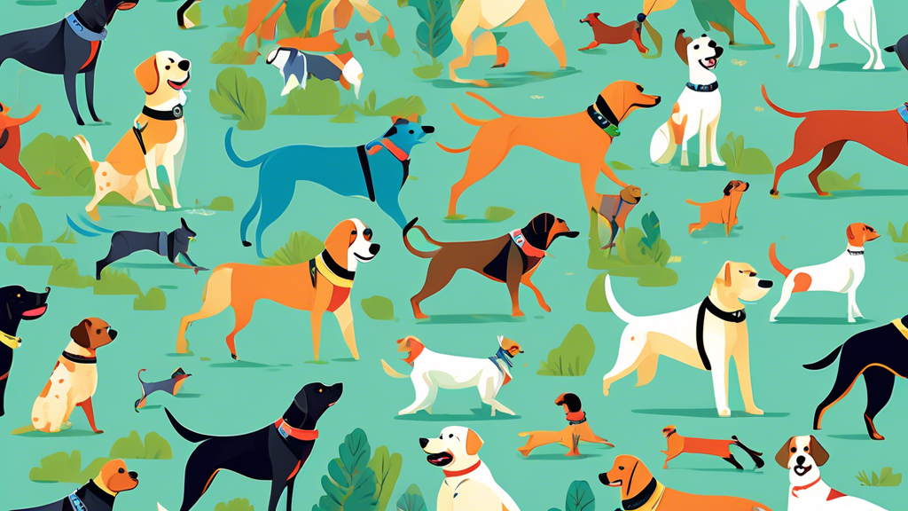 Create a vibrant image featuring a diverse group of dogs wearing different high-quality running harnesses while jogging alongside their owners in a scenic park. Include various harness styles, colors,