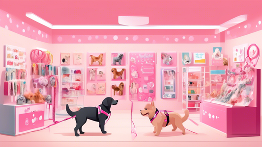 Create an image of a cheerful, stylish pet store with a colorful display showcasing a variety of pink harnesses for different types of pets, including dogs, cats, and rabbits. Show a friendly store as