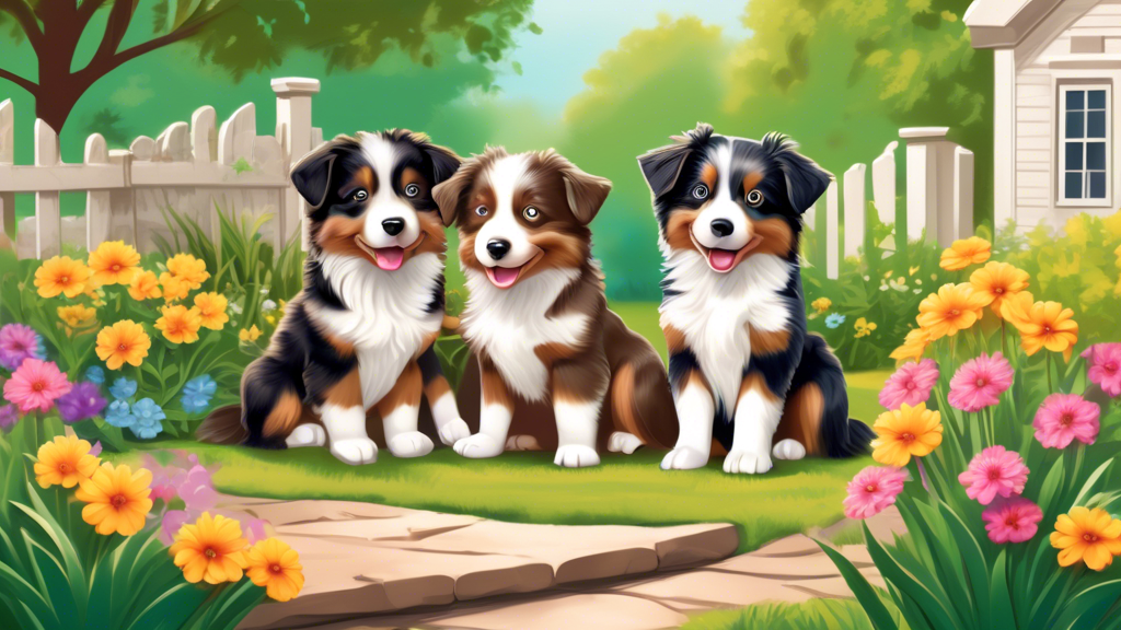 Create a cozy outdoor scene with a cheerful family exploring a picturesque park. They are greeted by playful Miniature Australian Shepherd puppies in a well-maintained yard with a 'Puppies For Sale' s