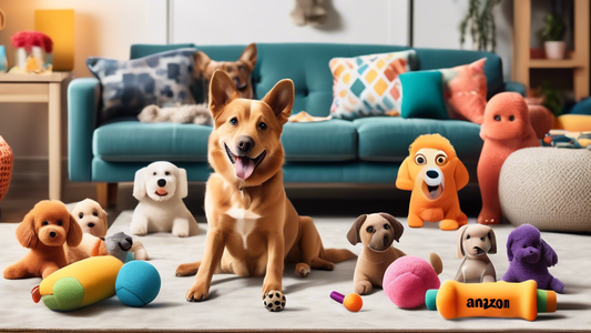 Create an image of a cheerful scene featuring a variety of top-rated dog toys from Amazon, including plush toys, chew toys, and interactive puzzles, all arranged around happy, playful dogs in a cozy l