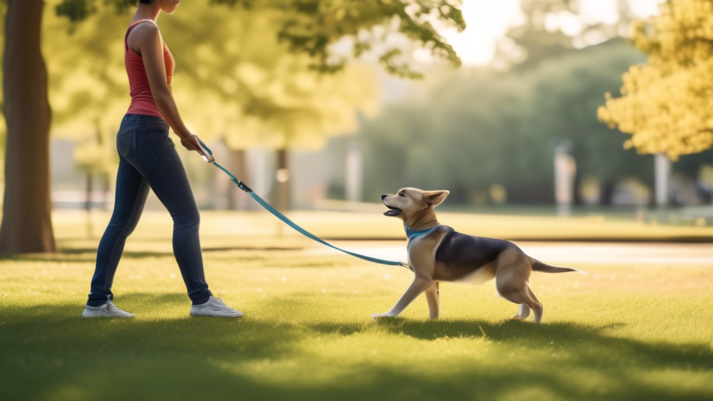 Create an image of a person training a dog using a slip leash in a scenic park setting. The person should be demonstrating effective training techniques, such as holding the leash correctly and mainta